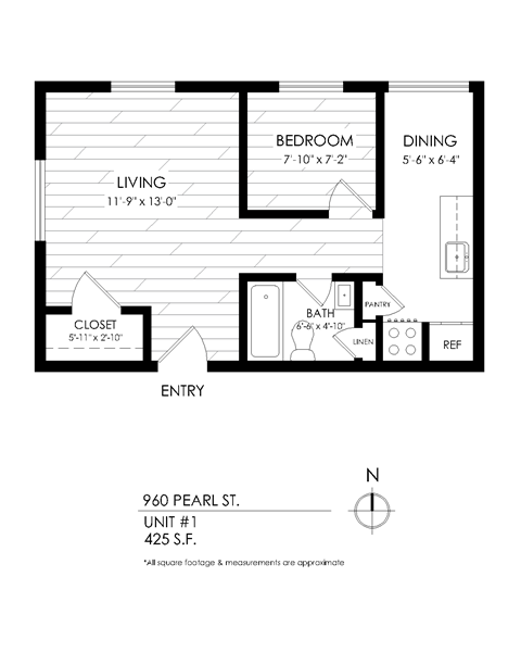 Floor plan for 1 bed, 1 bath, 580 sqft